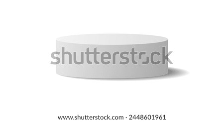 Empty white circle podium mockup with shadow effect, empty round pedestal for display, white ellipse cylinder podium for product presentation isolated on white background. EPS 10 vector illustration.