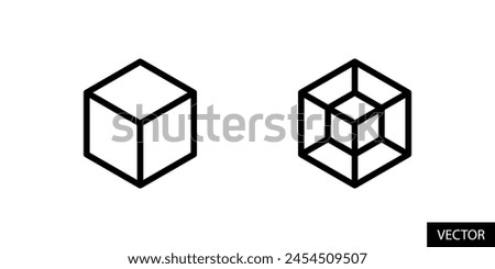 3D and 4D cube, three dimensional and four dimensional cube, hexahedron, tesseract icons in line style design for website, app, UI, isolated on white background. Editable stroke. EPS 10 vector.