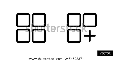 2x2 grid squares, category, menu with add option, plus sign vector icons in line style design for website, app, UI, isolated on white background. Editable stroke. EPS 10 vector illustration.