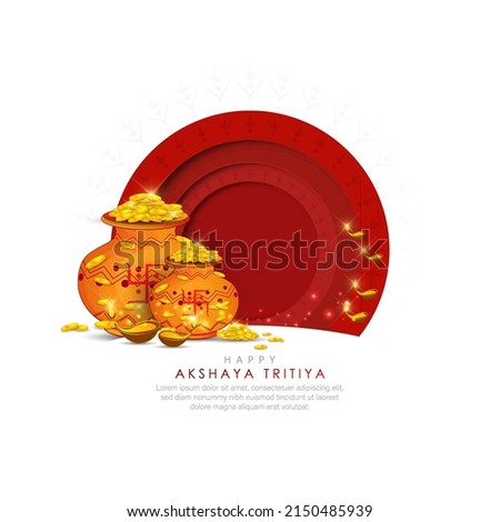 Vector illustration of Akshaya Tritiya celebration with a golden kalash, gold coins on decorated background.