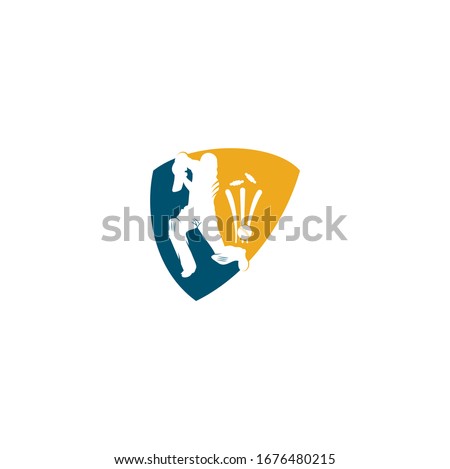 Batsman playing cricket. Cricket competition logo. Cricket championship. Cricket shield shape concept logo