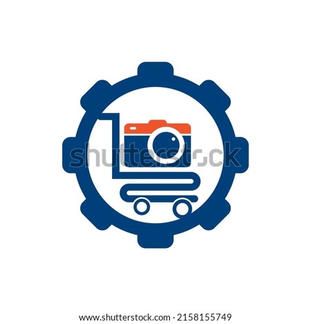 Camera Shop gear shape concept Logo vector icon. Shopping Cart with Camera Lens Logo Design Template.