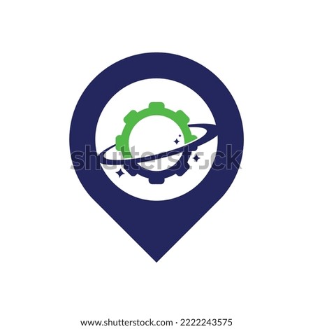 Planet gear map pin shape concept logo icon vector. Gear Planet Icon Logo Design Element	