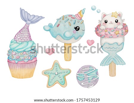 Mermaid ice cream and sweets watercolor illustration 