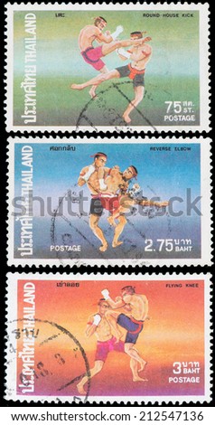 THAILAND - CIRCA 1983: stamps from Thailand, Round house kick, Reverse elbow, Flying knee