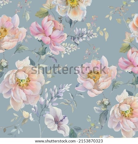 Similar – Image, Stock Photo Floral background with various flowers with pink petals and green leaves at white background