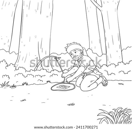 The huntsman is setting animal traps at forest. cartoon outline stroke