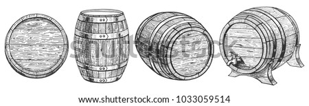 Vector illustration of cask or barrel from a different angle. Front, top, three quarters positions. Barrel on a stand with a tap. Hand drawn style.