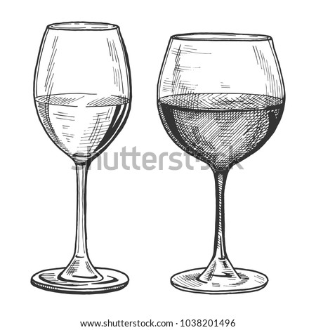 Vector illustration of a white and red wine glasses in hand drawn vintage engraving style.