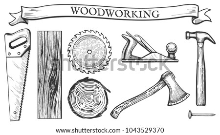 Vector illustration of a woodworking objects set: hand saw, circular blade, wooden slab, board, tree cross section, planer tool, hammer, ax, nail. Carpentry tools in hand drawn vintage engraving style