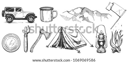 Vector illustration of hand drawn forest camping vacation objects set. Off road car, metal mug, mountains, flag, can top, tin opener, ax, tent, lantern, bonfire. Vintage engraving style.