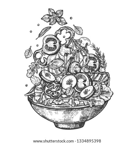 Vector illustration of fresh healthy salad bowl set. Dish with sliced tomatoes, mushrooms, zucchini, onion rings and sweet pepper, potions and lettuce. Vintage hand drawn style.