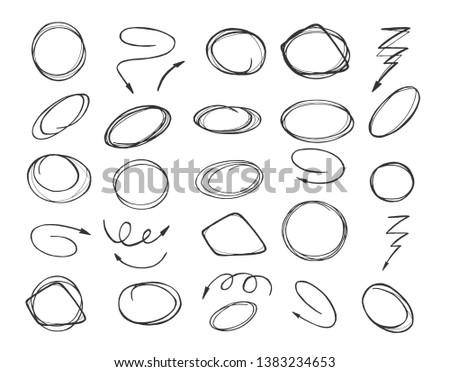 Vector illustration of pointers and shapes set marker style. Sketchy circles and rounds, zigzag, curve and helical arrows, different marks. Vintage hand drawn style.