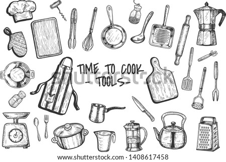 Vector illustration of the kitchen cooking tools and appliances. Cutting board, knife, grater, weights, french press, utencils, kettle, pan, pot, rolling pin, moka pot, apron, corcskrew, whisk, salt a
