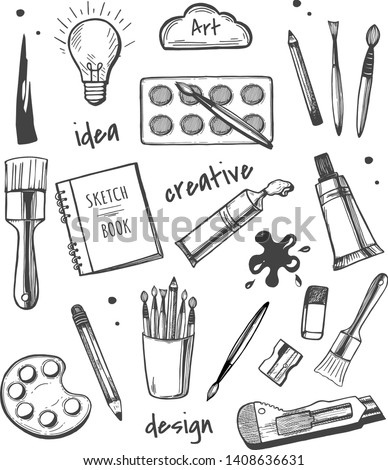 Vector illustration of art supplies icons set. Watercolors, sketchbook, paint, pencil, brush, eraser, light bulb, creative, idea, stroke, design, art. Vintage hand drawn style.