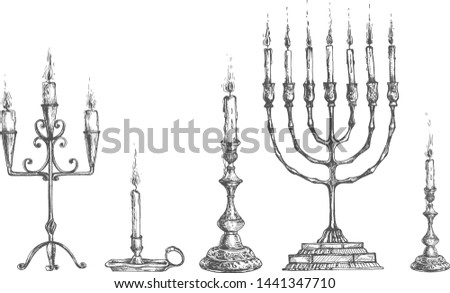 Vector illustration of antique сandles and candleholders set. Menorah, single, lamp, triple. Collection for interior decoration. Vintage hand drawn style.