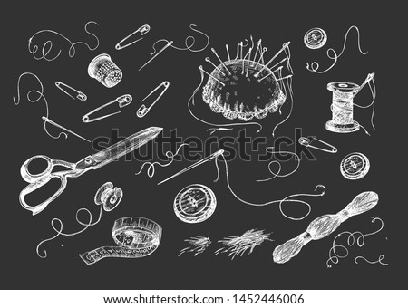 Vector illustration of atelier tailor sewing supplies . Threads and needles, measuring tape, professional pair of scissors, pin cushion, button, English pin, spool. On black board chalk hand drawing