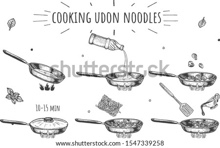 Vector illustration of cooking Udon noodles process. Asian dish preparation recipe. Heat the pan, add oil, meat cubes, cook for 15 minutes, add noodles, sauce and mix. Vintage hand drawn style.