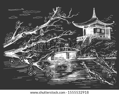 Vector illustration of Japanese traditional landscape. Sakura cherry in blossom, pagoda house, bridge across river. Panoramic natural scene. Vintage hand drawn style. White drawing on black.