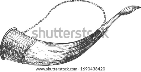 Vector illustration of an alcohol wine drinking horn glass. Hunting mansion wall decoration. Object in a vintage hand drawn style.