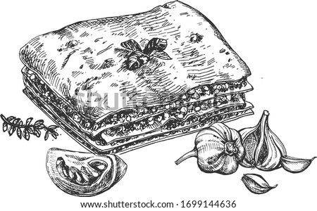 Italian cuisine delicious homemade restaurant food. Lasagna in a vintage hand drawn engraving etching style.