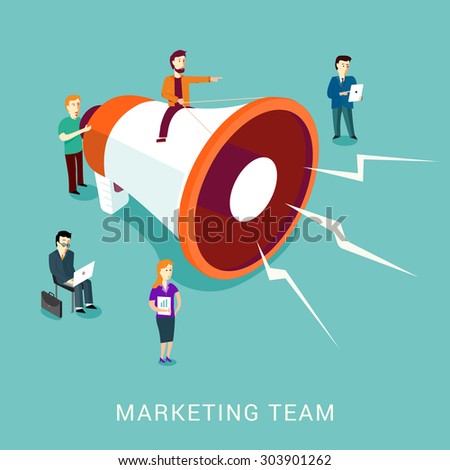 Modern flat design vector concept marking team with a big megaphone. Digital marketing concept. Isometric and isolated on stylish turquoise background