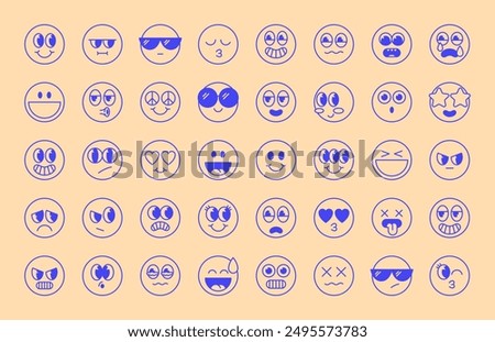 Retro emoji labels set. Sticker pack in trendy cartoon line style. Editable stroke elements. Isolated vector illustration.