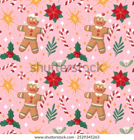 Seamless Christmas pattern with gingerbread man, sweets, botany on a pink background. Hand drawn cartoone style. Perfect for fabric, scrapbooking, banner, card, wrapping paper, textile, wallpaper.