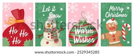 Set of Christmas and New year postcards with gingerbread man, christmas ball, santa's bag, snowman and snowflakes on a pink and green backgrounds.