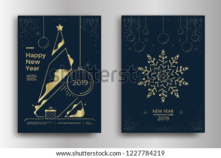 New Year greeting card design with stylized Christmas tree, snowflakes and decorations. Vector golden line illustration Stock foto © 