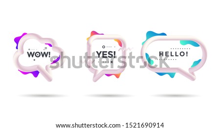 Set of 3d talking cloud with decorative gradients shapes. Isolated speech bubble talk with text Wow, Yes, Hello. Sticker for social network. Vector template