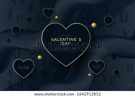 Black and gold Valentines day banner. Duotone hearts compositions with gradient 3d flow shape. Love luxury background design for cover, landing page.