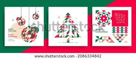 Merry Christmas and Happy New Year greeting card. Christmas tree and balls with a pattern of triangles. Colorful geometric Xmas invite.