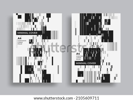 Abstract barcode minimal posters with lines and squares. Geometric monochrome glitch composition for flyer. Vector illustration