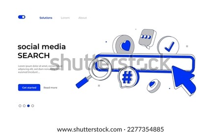 Concept illustration search bar for social media platforms. Browser navigation bar with a search icon in shades of grey and blue. Vector 3D arrow included indicating direction.