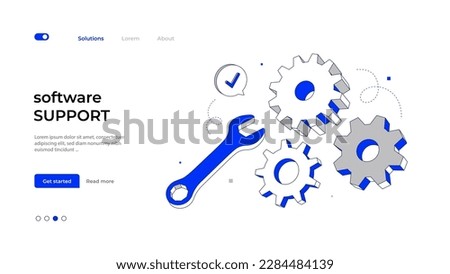 Gears and wrench. Troubleshooting and technician support concept with gear wheels. Vector 3d illustration
