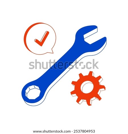 Blue wrench icon alongside red gear and check mark in speech bubble, representing tools, repair, and maintenance