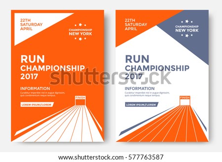 Run championship poster design template. Running marathon vector flyer. Finish line