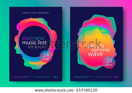 Electronic music fest and electro summer wave poster. Club party flyer. Abstract gradients waves music background.