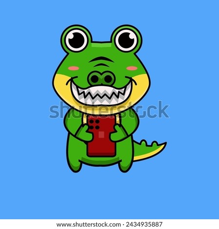 cute vector design illustration of a crocodile mascot holding a cellphone