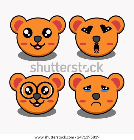 bundle of cute cartoon bear faces, mascot icons, emoji sticker designs. Teddy bear smiles, sad, wears glasses, face full of love, vector simple illustration