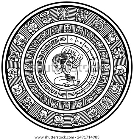 Hand drawn black on white Mayan calendar, vector illustration. cool for t-shirt, emblems, patch, sticker, etc