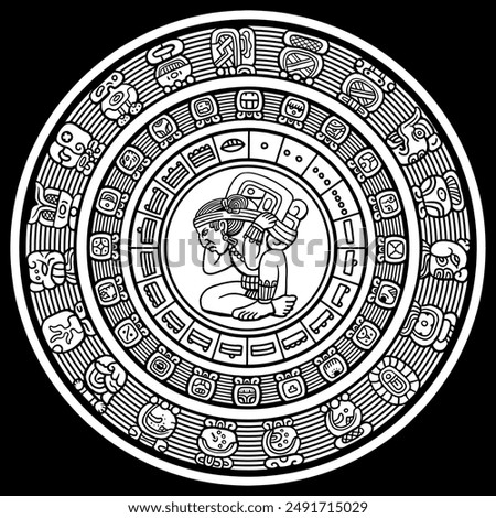 Hand drawn white on black Mayan calendar, vector illustration. cool for t-shirt, emblems, patch, sticker, etc