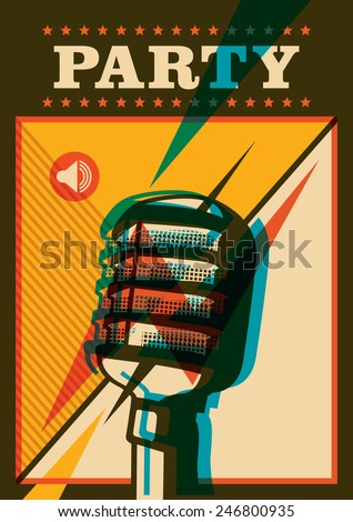 Party poster with retro microphone. Vector illustration.