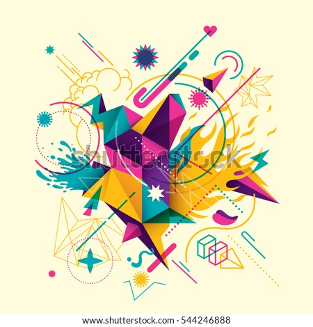 Colorful abstract style composition with group of various objects and shapes. Vector illustration.