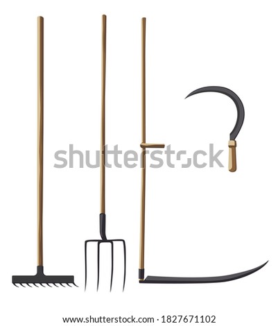 Farm tools. Forks, rake, scythe and sickle ストックフォト © 