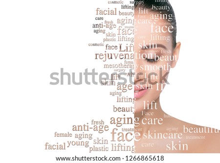 Beauty woman face with word on face showing cosmetology and aesthetic medicine concept. Lifting skin and rejuvenation skin Stock foto © 