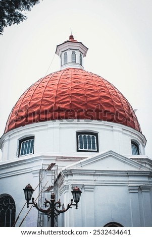 Image, Stock Photo old roof in crown covering with plain tiles and with an old small skylight / tiled roof