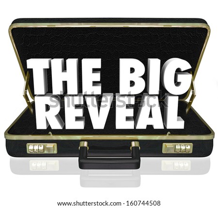 A black leather briefcase with words The Big Reveal inside as a surprise or shocking discovery being shared or presented with an audience or customer Foto stock © 