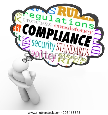 Compliance thought cloud thinking person regulations, rules, laws, guidelines, policy